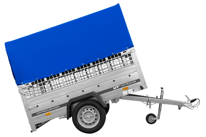 Enkelassige aanhangwagen op veren 200x125 UNITRAILER GARDEN 201/R KIPP met roosterwanden, H-800 frame en blauwe afdekking
