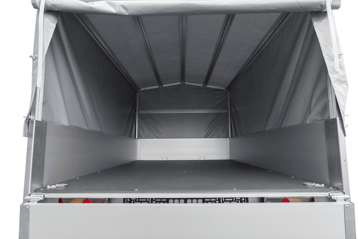 Autoaanhanger op veren met aluminium zijwanden 200x125 Unitrailer Garden 201/R KIPP ALU met H-800 frame en grijze afdekking