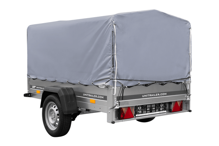 Enkelassige aanhangwagen op veren 200x125 UNITRAILER GARDEN 201/R KIPP met H-800 frame en grijs zeil