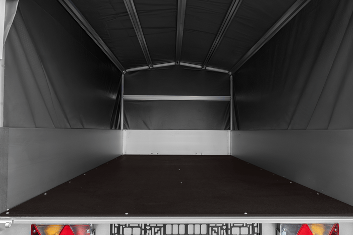 Enkelassige aanhanger met aluminium zijwanden 264x125 Unitrailer Garden 264 KIPP ALU met H-800 frame en grijze afdekking