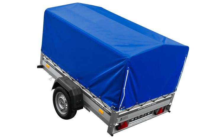 Autoaanhanger op veren met aluminium zijwanden 200x125 Unitrailer Garden 201/R KIPP ALU met H-800 frame en blauwe afdekking