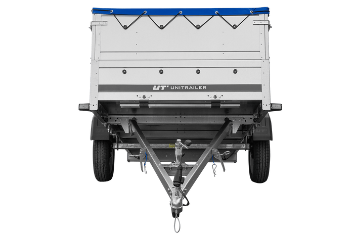 Enkelassige aanhangwagen op veren 264x125 UNITRAILER GARDEN 264/R KIPP met BIS zijwanden, H-0 frame en blauw dekzeil