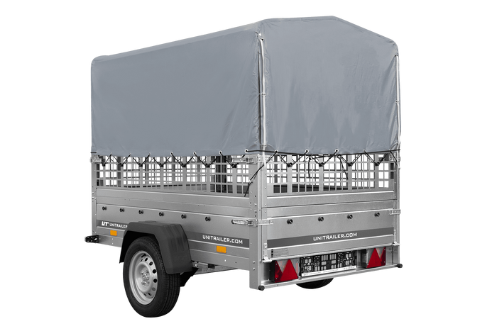 Enkelassige aanhangwagen op veren 200x125 UNITRAILER GARDEN 201/R KIPP met roosterwanden, H-800 frame en grijze afdekking