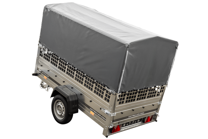 1-assige kiepwagen 230 x 125 Garden Trailer 230 KIPP met mesh boordwanden en H-800 frame met grijze kap
