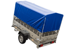 Enkelassige aanhanger 230x125 UNITRAILER GARDEN 230 KIPP met gaaswanden, H-800 frame en blauw dekzeil