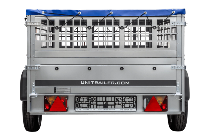 Lichte aanhangwagen op veren 230x125 UNITRAILER GARDEN 230/R KIPP met gaaswanden, H-0 frame en blauwe afdekking