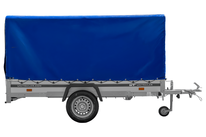 Autoaanhanger met aluminium zijwanden 264x125 Unitrailer Garden 264 KIPP ALU met H-1100 frame en blauwe afdekking
