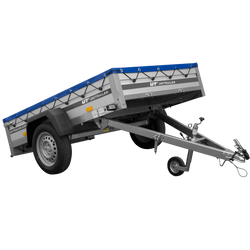 Enkelassige aanhanger met aluminium zijwanden 200x125 Unitrailer Garden 201 KIPP ALU met H-0 frame en blauwe afdekking