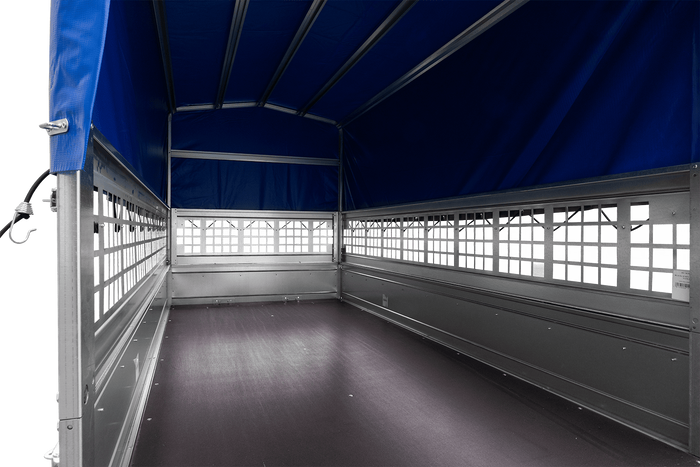 Lichte aanhangwagen 264x125 UNITRAILER GARDEN 264 KIPP met gaaswanden, H-800 frame en blauwe kap