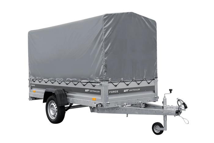 Enkelassige aanhanger op veren 264x125 UNITRAILER FORCE 264/R KIPP met H-1100 frame en grijze afdekking