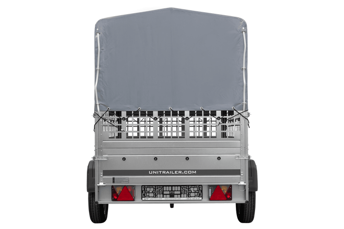 Enkelassige aanhanger 200x125 UNITRAILER GARDEN 201 KIPP met gaaswanden, H-800 frame en grijze afdekking