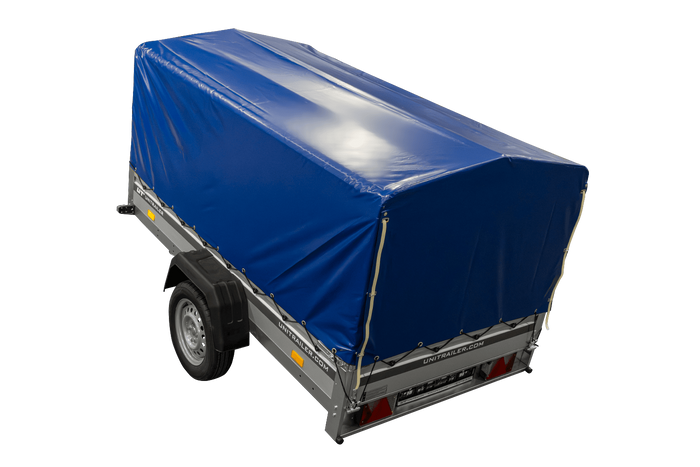 Enkelassige aanhanger met aluminium zijwanden 230x125 Unitrailer Garden 230 KIPP ALU met H-800 frame en blauwe afdekking