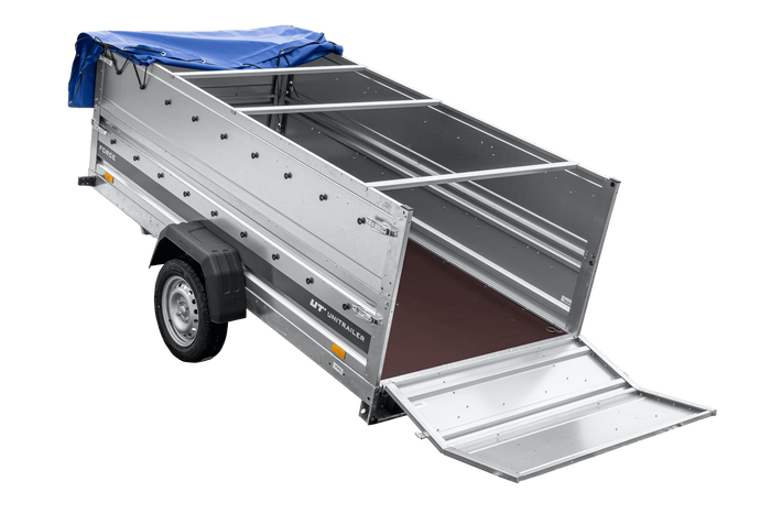 Lichte aanhanger 264x125 UNITRAILER FORCE 264 KIPP met BIS-zijwanden, H-0 frame en blauwe afdekking