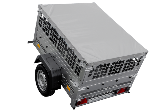 Kleine enkelassige aanhanger Unitrailer GARDEN TRAILER 150 KIPP met steunwiel, gaaswanden en een vlakke grijze kap
