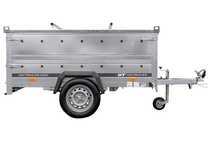 Enkelassige aanhangwagen op veren 230x125 UNITRAILER GARDEN 230/R KIPP met BIS zijwanden en aluminium afdekplaat