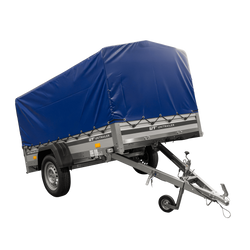 Enkelassige aanhanger met aluminium zijwanden 230x125 Unitrailer Garden 230 KIPP ALU met H-800 frame en blauwe afdekking