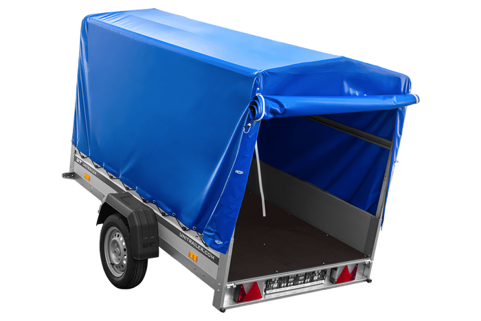 Autoaanhanger met aluminium zijwanden 230x125 Unitrailer Garden 230 KIPP ALU met H1100 frame en blauwe afdekking