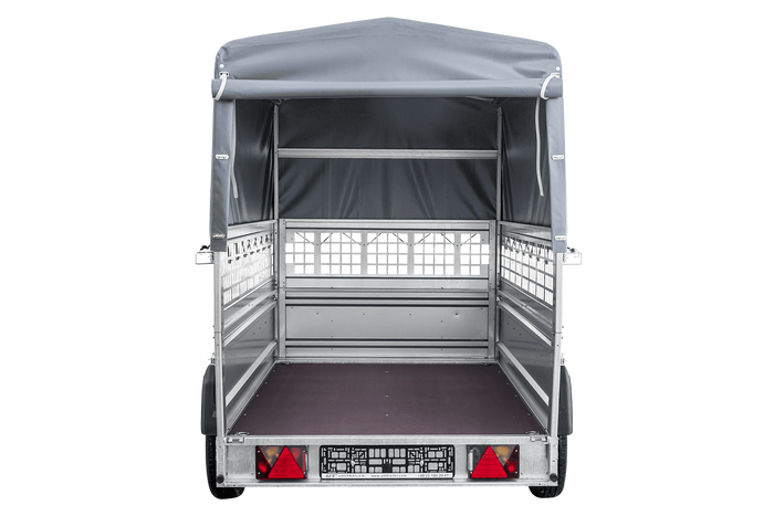 Autotransportaanhanger op veren 230x125 UNITRAILER FORCE 230/R KIPP met gaaswanden, H-800 frame en grijze afdekking