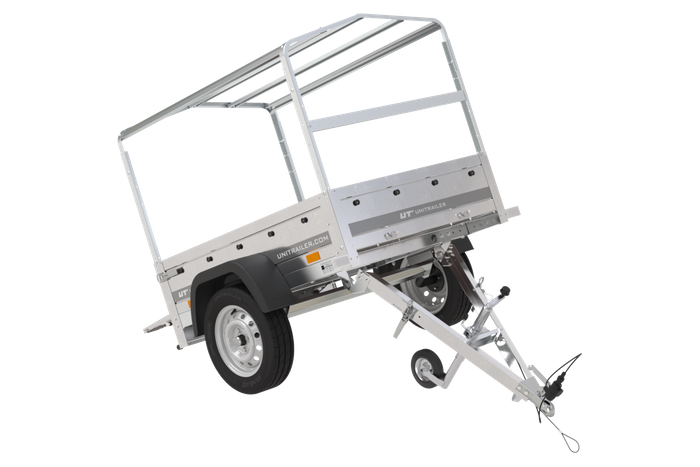 Enkelassige aanhanger 150x106 UNITRAILER GARDEN 150 KIPP met H-800 frame en grijze afdekking