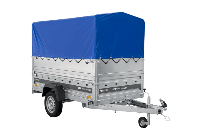 Autotransporter 230x125 UNITRAILER FORCE 230 KIPP met BIS-zijwanden, H-800 frame en blauwe afdekking