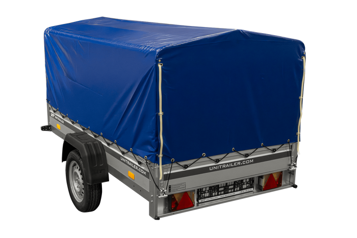 Enkelassige aanhanger met aluminium zijwanden 230x125 Unitrailer Garden 230 KIPP ALU met H-800 frame en blauwe afdekking