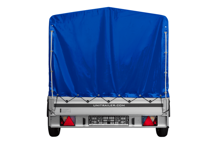 Autoaanhanger met aluminium zijwanden 264x150 Unitrailer Garden 265 KIPP ALU met H-1100 frame en blauwe afdekking