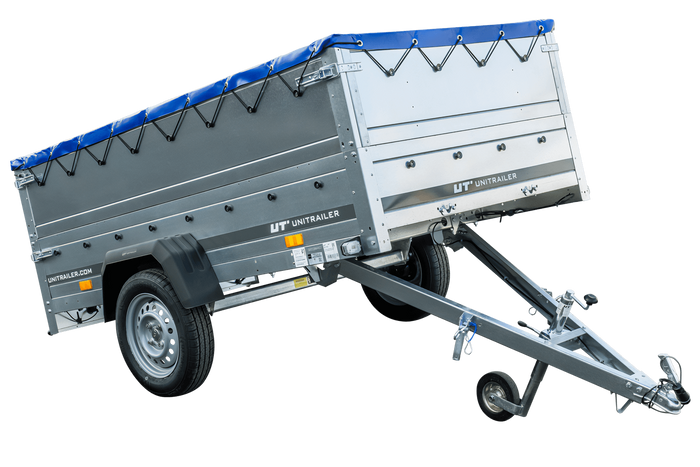 GARDEN TRAILER 230 KIPP MET STEUNWIEL, BIS ZIJKANTEN EN BLAUW PLAT TARPAU
