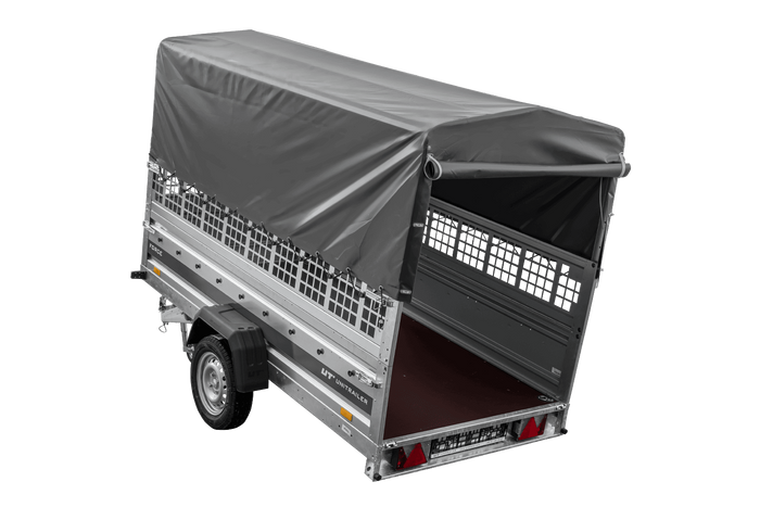 Autotrailer 264x125 UNITRAILER FORCE 264 KIPP met gaaswanden, H-800 frame en grijze afdekking