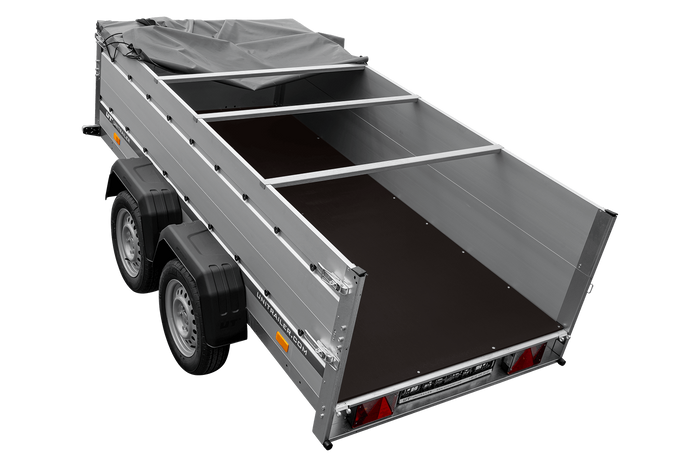 Tweeassige aanhanger met aluminium zijwanden 264x125 Unitrailer Garden 264/2 KIPP ALU met BIS-zijwanden, H-0 frame en grijze afdekking