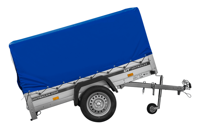 Enkelassige aanhanger met aluminium zijwanden 200x125 Unitrailer Garden 201 KIPP ALU met H-800 frame en blauwe afdekking