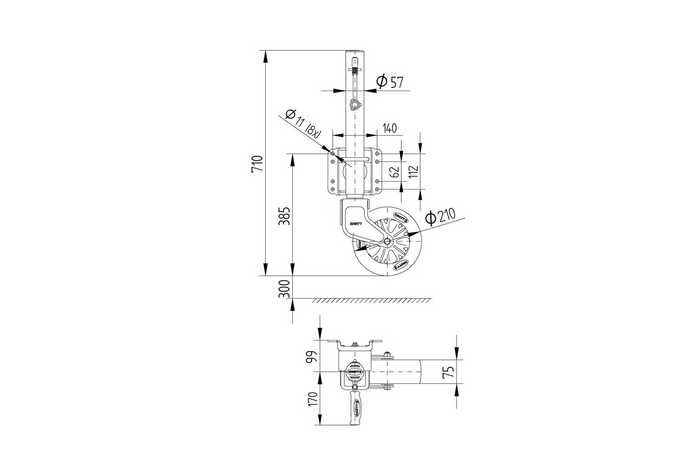 KNOTT TK57 zwenkwiel met handgreep, 500 kg, 57 mm, 710-1010 mm