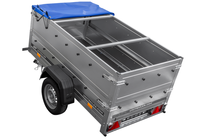 Autoaanhanger 200x106 UNITRAILER GARDEN 200 KIPP met BIS-zijwanden, H-0 frame en blauwe afdekking