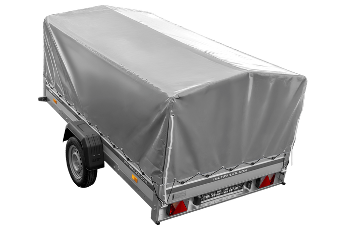 Enkelassige aanhanger met aluminium zijwanden 264x150 Unitrailer Garden 265 KIPP ALU met H-800 frame en grijze afdekking