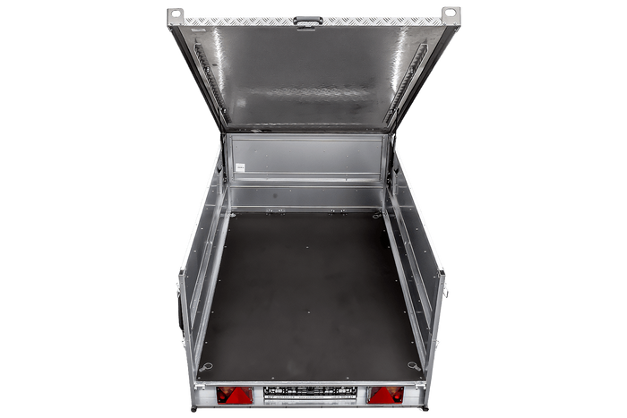 Enkelassige aanhangwagen op veren 230x125 UNITRAILER GARDEN 230/R KIPP met BIS zijwanden en aluminium afdekplaat