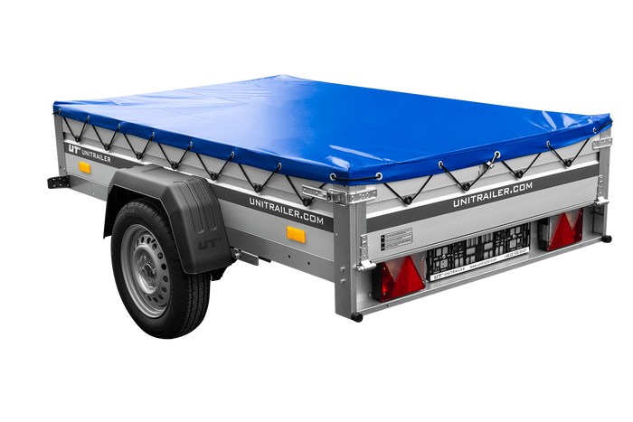 Enkelassige aanhanger op veren met aluminium zijwanden 200x125 Unitrailer Garden 201/R KIPP ALU met H-0 frame en blauwe afdekking