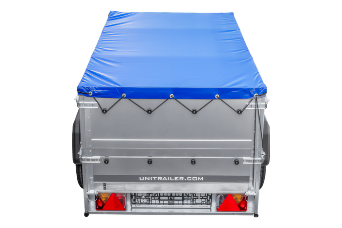 Nieuwe GARDEN TRAILER 200 KIPP autoaanhanger met steunwiel, bis zijkanten en blauwe vlakke afdekking