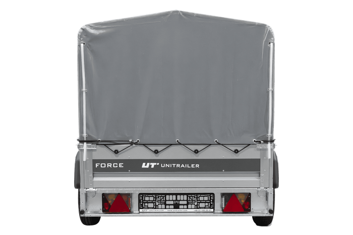 Enkelassige aanhanger 230x125 UNITRAILER FORCE 230 KIPP met H-800 frame en grijze afdekking
