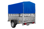 Enkelassige aanhangwagen op veren 200x125 UNITRAILER GARDEN 201/R KIPP met roosterwanden, H-800 frame en blauwe afdekking