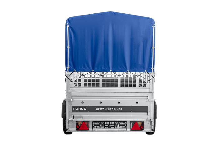 Autotransportaanhanger op veren 230x125 UNITRAILER FORCE 230/R KIPP met gaaswanden, H-800 frame en blauwe hoes