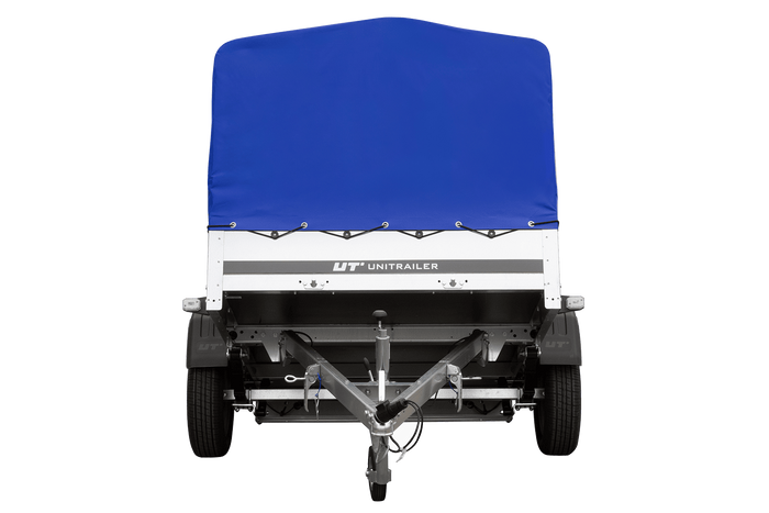 Enkelassige aanhangwagen op veren 200x125 UNITRAILER GARDEN 201/R KIPP met H-800 frame en blauw dekzeil