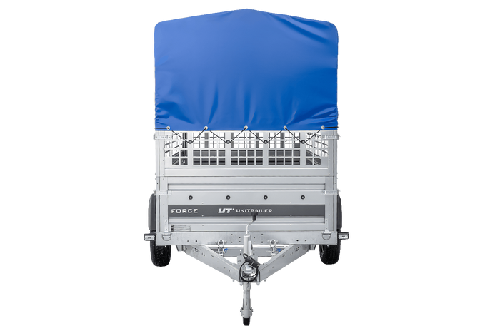 Autotransportaanhanger op veren 264x125 UNITRAILER FORCE 264/R KIPP met gaaswanden, H-800 frame en blauwe hoes