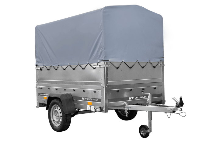 Lichte aanhangwagen op veren 200x125 UNITRAILER GARDEN 201/R KIPP met BIS zijwanden, H-800 frame en grijze afdekking