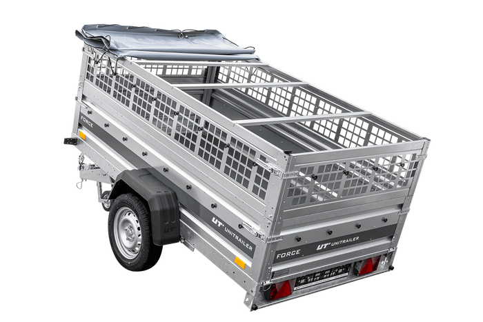 Lichte aanhanger op veren 230x125 UNITRAILER FORCE 230/R KIPP met gaaswanden, H-0 frame en grijze afdekking