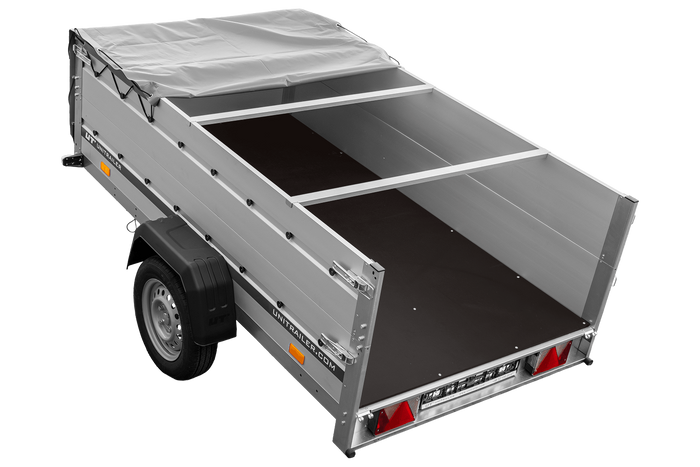 Enkelassige aanhanger met aluminium zijwanden 230x125 Unitrailer Garden 230 KIPP ALU met BIS-zijwanden, H-0 frame en grijze afdekking