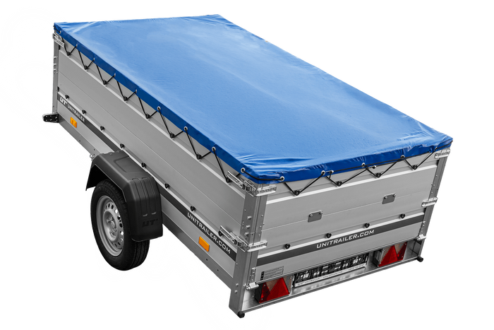 Enkelassige aanhanger met aluminium zijwanden 230x125 Unitrailer Garden 230 KIPP ALU met BIS-zijwanden, H-0 frame en blauwe afdekking