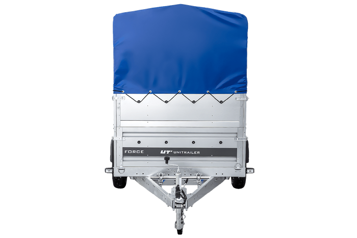 Autotransporter 264x125 UNITRAILER FORCE 264 KIPP met BIS-zijwanden, H-800 frame en blauwe afdekking