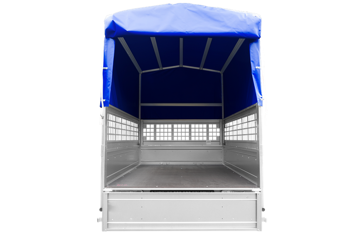 Lichte autoaanhanger tot 750 kg GARDEN TRAILER 201 KIPP met steunwiel, mesh zijkanten en H-800 frame met blauw zeildoek