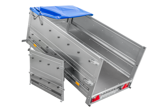 Nieuwe GARDEN TRAILER 200 KIPP autoaanhanger met steunwiel, bis zijkanten en blauwe vlakke afdekking