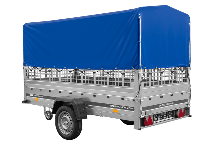 Lichte aanhangwagen 264x125 UNITRAILER GARDEN 264 KIPP met gaaswanden, H-800 frame en blauwe kap