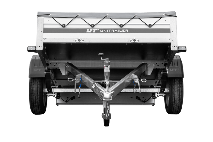 Enkelassige aanhanger op veren met aluminium zijwanden 200x125 Unitrailer Garden 201/R KIPP ALU met H-0 frame en grijze afdekking